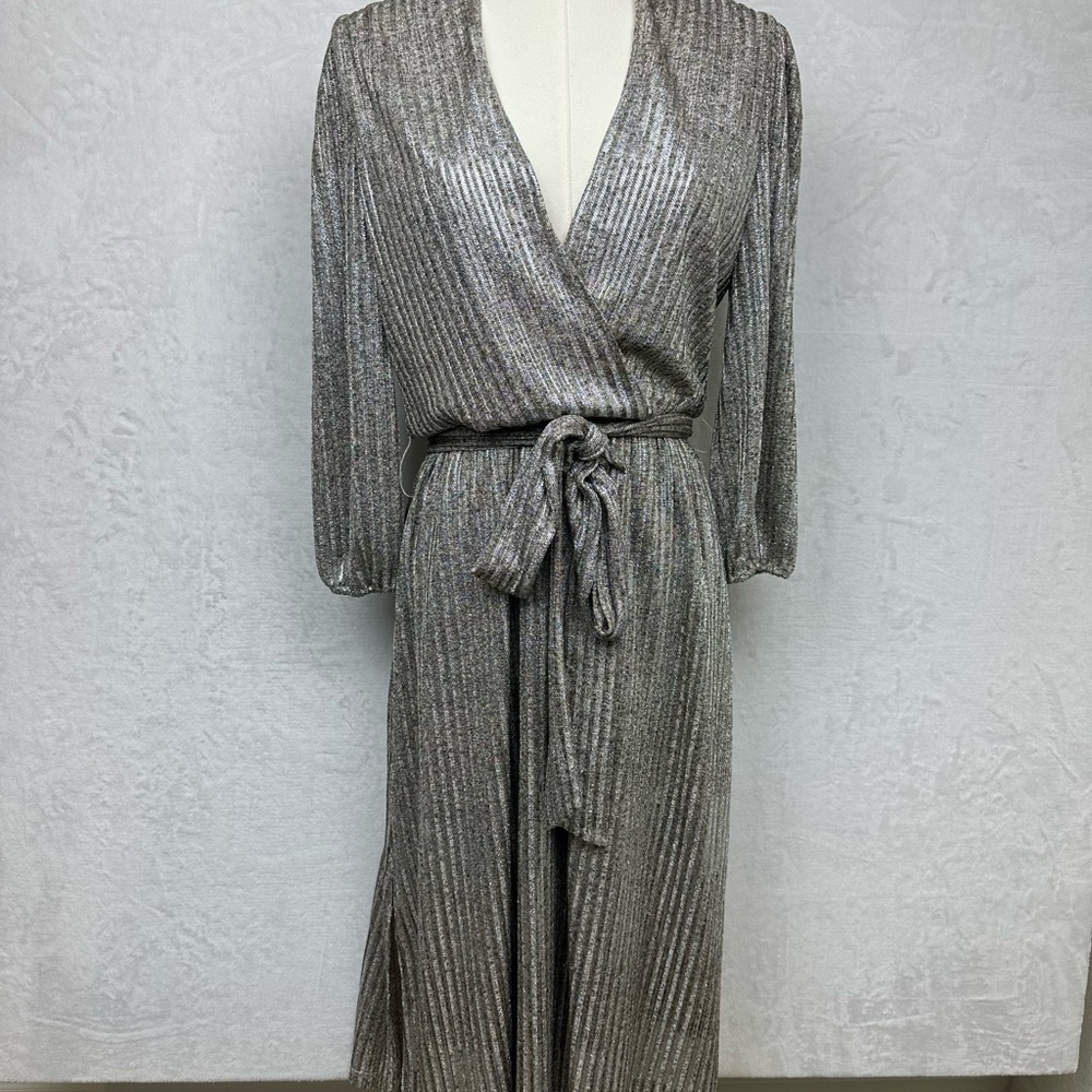 Alice + Olivia Katina Midi Party Dress Womens Sz 4 Shiny Metallic Stretch Belted